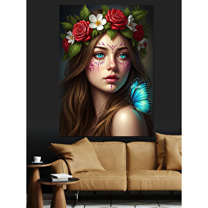 Çiçek Taçlı Kadın Portresi Dekoratif Kanvas - Mdf Ahşap Tablo 70x100 cm