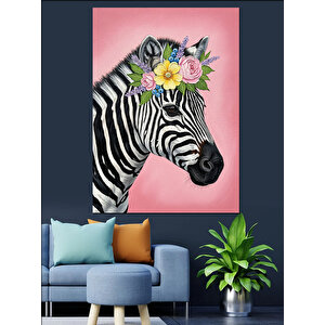 Çiçek Taçlı Zebra Resmi Dekoratif Kanvas - Mdf Ahşap Tablo 70x100 cm
