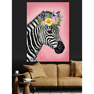 Çiçek Taçlı Zebra Resmi Dekoratif Kanvas - Mdf Ahşap Tablo 70x100 cm