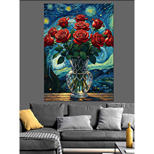 Kırmızı Çiçek Buketi Vazoda Dekoratif Kanvas - Mdf Ahşap Tablo 50x70 cm