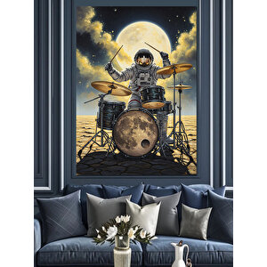 Bateri Çalan Astronot Müzisyen Dekoratif Kanvas - Mdf Ahşap Tablo 35x50 cm