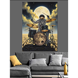 Bateri Çalan Astronot Müzisyen Dekoratif Kanvas - Mdf Ahşap Tablo 35x50 cm