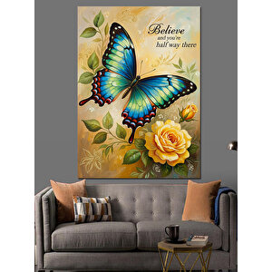 Kelebek Sarı Çiçek Doğal Dekoratif Kanvas - Mdf Ahşap Tablo 50x70 cm