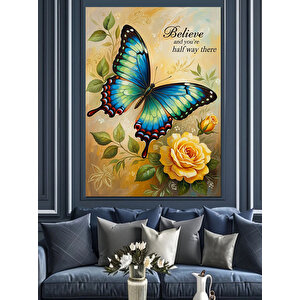 Kelebek Sarı Çiçek Doğal Dekoratif Kanvas - Mdf Ahşap Tablo 50x70 cm