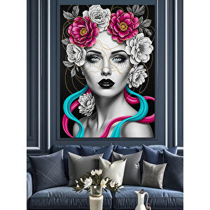 Çiçek Saçlı Kadın Portresi Dekoratif Kanvas - Mdf Ahşap Tablo 35x50 cm