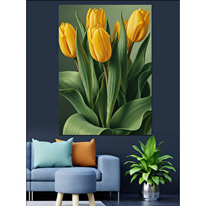 Sarı Lale Çiçek Buketi Dekoratif Kanvas - Mdf Ahşap Tablo 100x140 cm