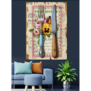 Çatal Bıçak Çiçek Desenli Dekoratif Kanvas - Mdf Ahşap Tablo 70x100 cm