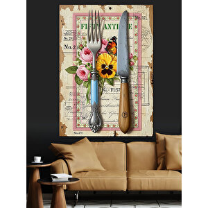Çatal Bıçak Çiçek Desenli Dekoratif Kanvas - Mdf Ahşap Tablo 70x100 cm