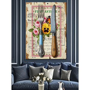 Çatal Bıçak Çiçek Desenli Dekoratif Kanvas - Mdf Ahşap Tablo 70x100 cm