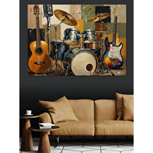 Müzik Enstrümanları Gitar Bateri Dekoratif Kanvas - Mdf Ahşap Tablo 35x50 cm