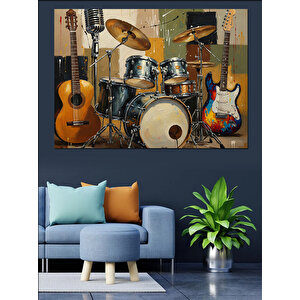 Müzik Enstrümanları Gitar Bateri Dekoratif Kanvas - Mdf Ahşap Tablo 35x50 cm