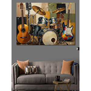 Müzik Enstrümanları Gitar Bateri Dekoratif Kanvas - Mdf Ahşap Tablo 35x50 cm