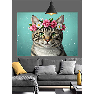 Çiçek Taçlı Sevimli Kedi Dekoratif Kanvas - Mdf Ahşap Tablo 25x35 cm