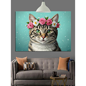 Çiçek Taçlı Sevimli Kedi Dekoratif Kanvas - Mdf Ahşap Tablo 25x35 cm
