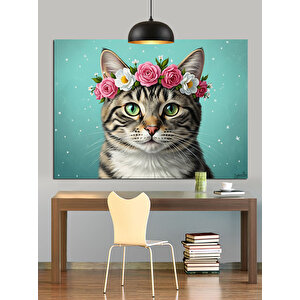 Çiçek Taçlı Sevimli Kedi Dekoratif Kanvas - Mdf Ahşap Tablo 25x35 cm