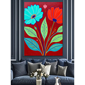 Kırmızı Mavi Çiçek Deseni Dekoratif Kanvas - Mdf Ahşap Tablo 100x140 cm