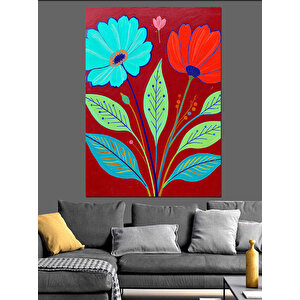 Kırmızı Mavi Çiçek Deseni Dekoratif Kanvas - Mdf Ahşap Tablo 100x140 cm