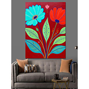 Kırmızı Mavi Çiçek Deseni Dekoratif Kanvas - Mdf Ahşap Tablo 100x140 cm