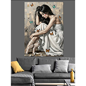 Beyaz Balerin Ve Kelebekler Dekoratif Kanvas - Mdf Ahşap Tablo 50x70 cm