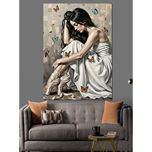 Beyaz Balerin Ve Kelebekler Dekoratif Kanvas - Mdf Ahşap Tablo 50x70 cm