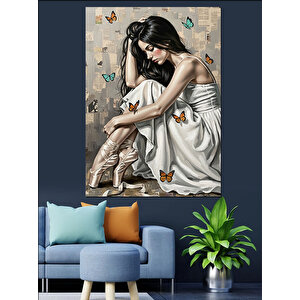 Beyaz Balerin Ve Kelebekler Dekoratif Kanvas - Mdf Ahşap Tablo 50x70 cm