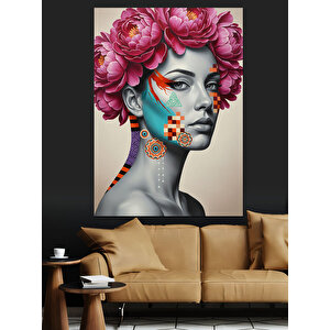 Çiçek Başlı Kadın Portresi Dekoratif Kanvas - Mdf Ahşap Tablo 35x50 cm