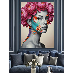 Çiçek Başlı Kadın Portresi Dekoratif Kanvas - Mdf Ahşap Tablo 35x50 cm