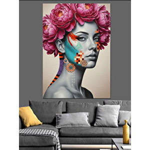 Çiçek Başlı Kadın Portresi Dekoratif Kanvas - Mdf Ahşap Tablo 35x50 cm