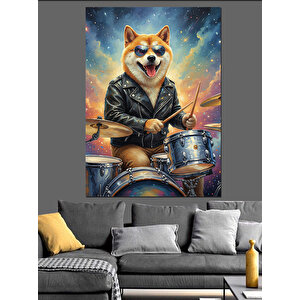Bateri Çalan Köpek Müzisyen Dekoratif Kanvas - Mdf Ahşap Tablo 100x140 cm