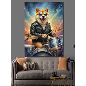 Bateri Çalan Köpek Müzisyen Dekoratif Kanvas - Mdf Ahşap Tablo 100x140 cm
