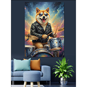 Bateri Çalan Köpek Müzisyen Dekoratif Kanvas - Mdf Ahşap Tablo 100x140 cm