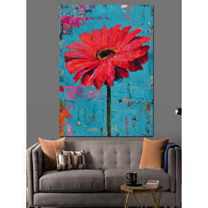 Mavi Zemin Kırmızı Çiçek Dekoratif Kanvas - Mdf Ahşap Tablo 70x100 cm