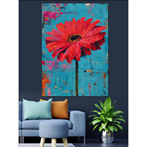 Mavi Zemin Kırmızı Çiçek Dekoratif Kanvas - Mdf Ahşap Tablo 70x100 cm