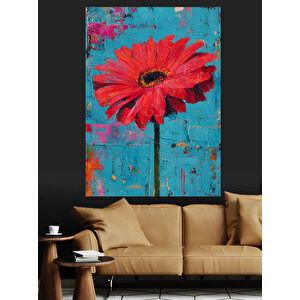 Mavi Zemin Kırmızı Çiçek Dekoratif Kanvas - Mdf Ahşap Tablo 70x100 cm