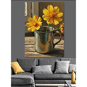 Sarı Çiçek Metal Kupa Dekoratif Kanvas - Mdf Ahşap Tablo 50x70 cm