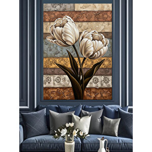 Eskitme Lale Çiçek Resmi Dekoratif Kanvas - Mdf Ahşap Tablo 35x50 cm