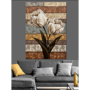 Eskitme Lale Çiçek Resmi Dekoratif Kanvas - Mdf Ahşap Tablo 35x50 cm