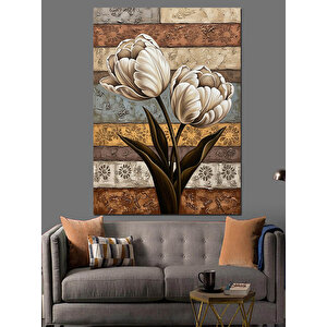 Eskitme Lale Çiçek Resmi Dekoratif Kanvas - Mdf Ahşap Tablo 35x50 cm