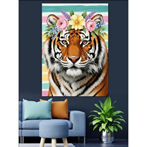 Çiçek Taçlı Kaplan Portre Dekoratif Kanvas - Mdf Ahşap Tablo 35x50 cm