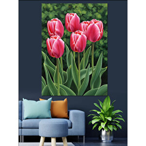 Pembe Lale Çiçek Bahçesi Dekoratif Kanvas - Mdf Ahşap Tablo 35x50 cm