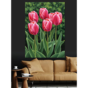 Pembe Lale Çiçek Bahçesi Dekoratif Kanvas - Mdf Ahşap Tablo 35x50 cm