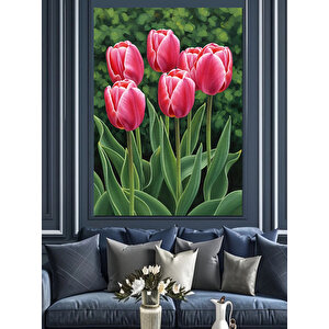 Pembe Lale Çiçek Bahçesi Dekoratif Kanvas - Mdf Ahşap Tablo 35x50 cm