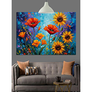 Gelincik Ayçiçeği Çiçek Tarlası Dekoratif Kanvas - Mdf Ahşap Tablo 25x35 cm