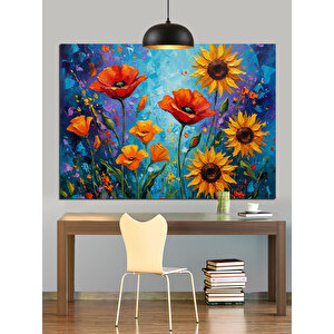 Gelincik Ayçiçeği Çiçek Tarlası Dekoratif Kanvas - Mdf Ahşap Tablo 25x35 cm