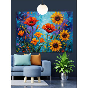 Gelincik Ayçiçeği Çiçek Tarlası Dekoratif Kanvas - Mdf Ahşap Tablo 25x35 cm