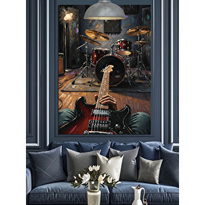Elektro Gitar Ve Bateri Davul Seti Dekoratif Kanvas - Mdf Ahşap Tablo 70x100 cm