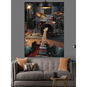 Elektro Gitar Ve Bateri Davul Seti Dekoratif Kanvas - Mdf Ahşap Tablo 70x100 cm