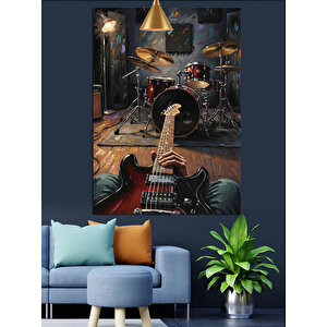 Elektro Gitar Ve Bateri Davul Seti Dekoratif Kanvas - Mdf Ahşap Tablo 70x100 cm