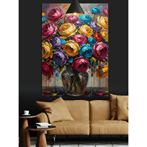 Rengarenk Çiçek Vazosu Dekoratif Kanvas - Mdf Ahşap Tablo 35x50 cm