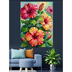 Kırmızı Hibiskus Çiçek Desen Dekoratif Kanvas - Mdf Ahşap Tablo 50x70 cm